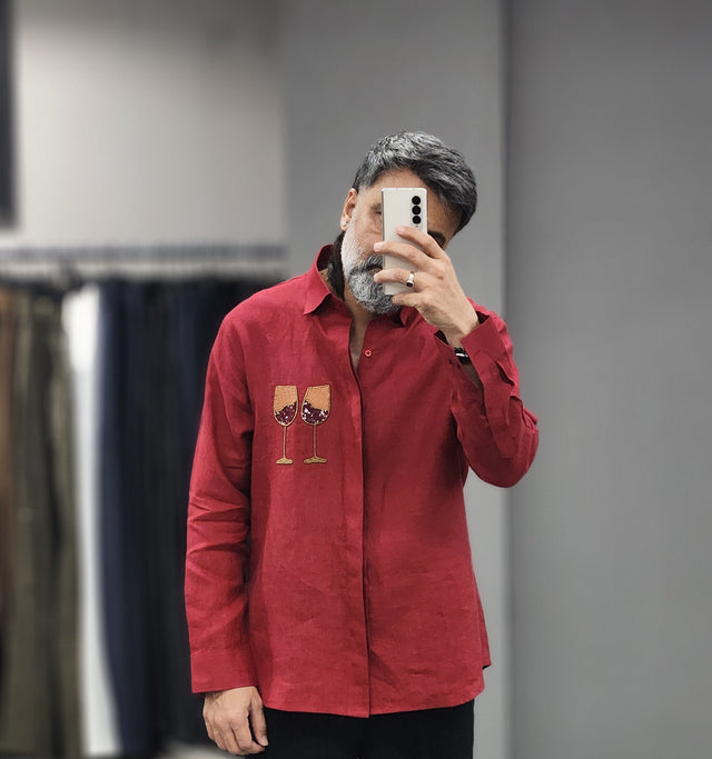 Crimson Wine Glass Embroidered Pure Linen Shirt