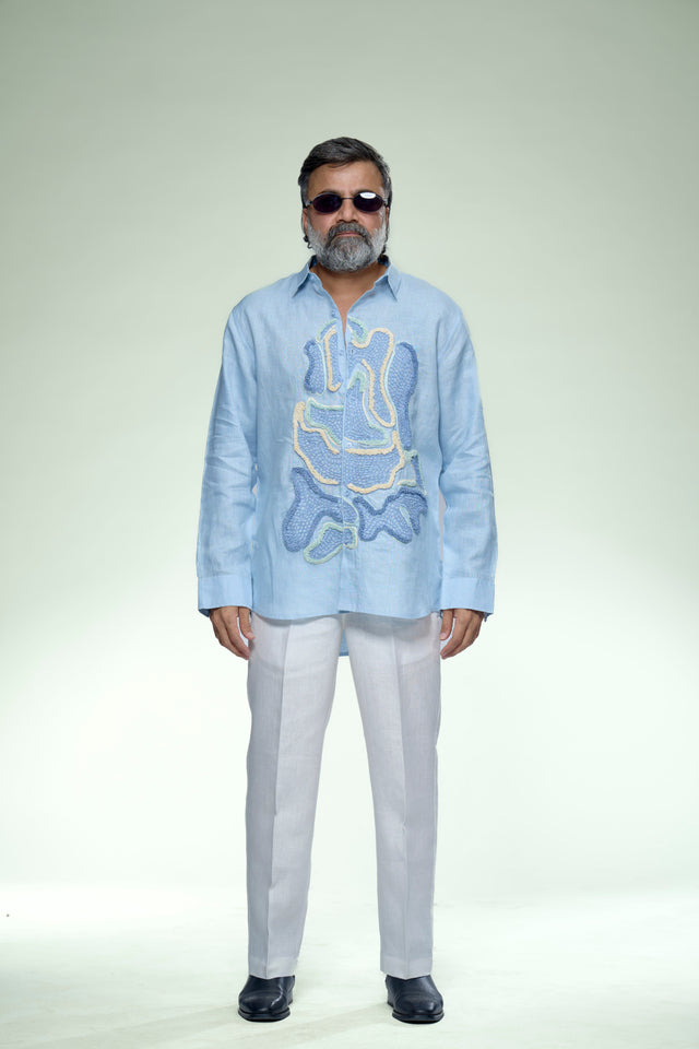 Meridian Edge : 9-Hour Hand-Embroidered Pure Linen Full Sleeve Shirt - AddysForMen®️