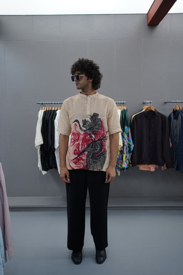 The Ethereal Escape: Hand-Embroidered with Digital Print Pure Linen Kurta Style Shirt - AddysForMen®️