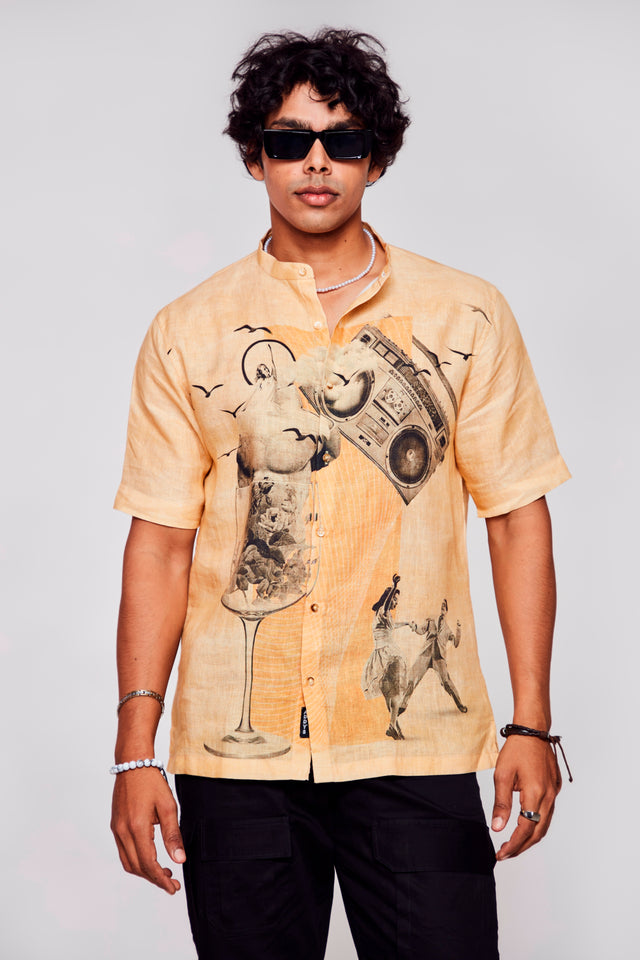 Stylish Melodic Fusion Printed Pure Linen Short Sleeve Shirt
