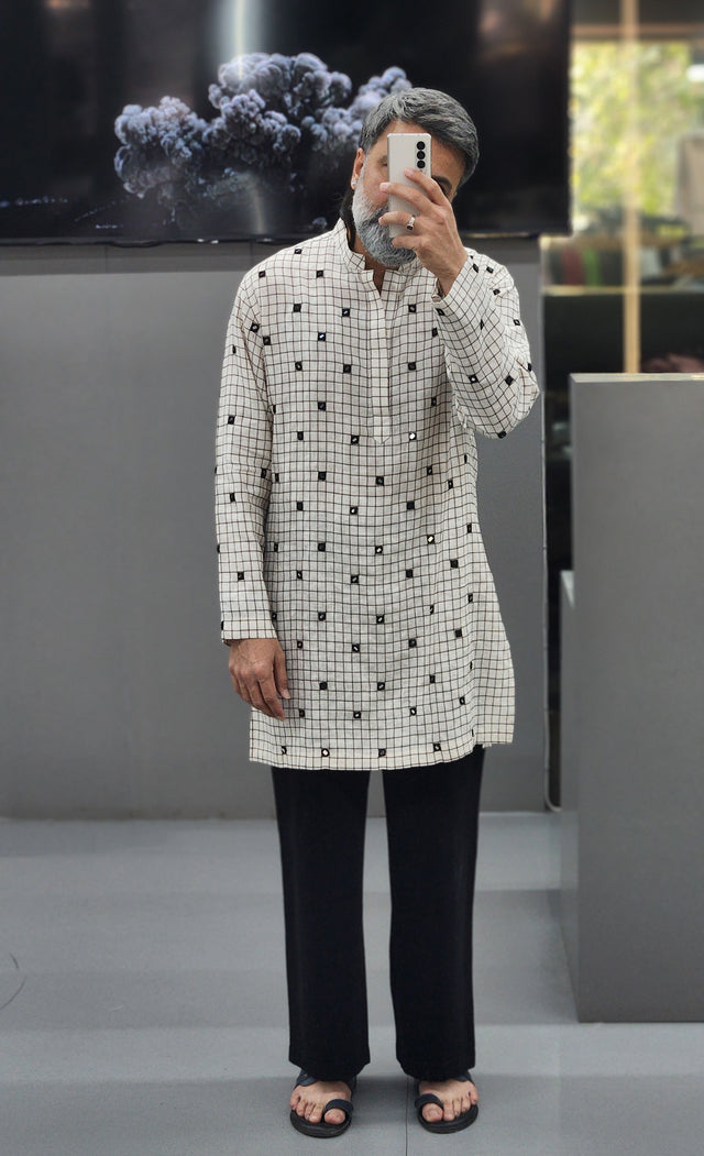 Monochrome Windowpane Grid Hand Khatli Mirror Linen Kurta
