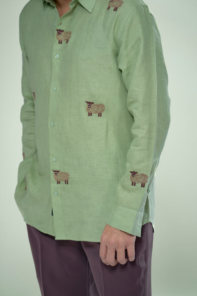 Botanical Heritage: 5-Hour Hand-Embroidered Pure Linen Full Sleeve Shirt - AddysForMen®️