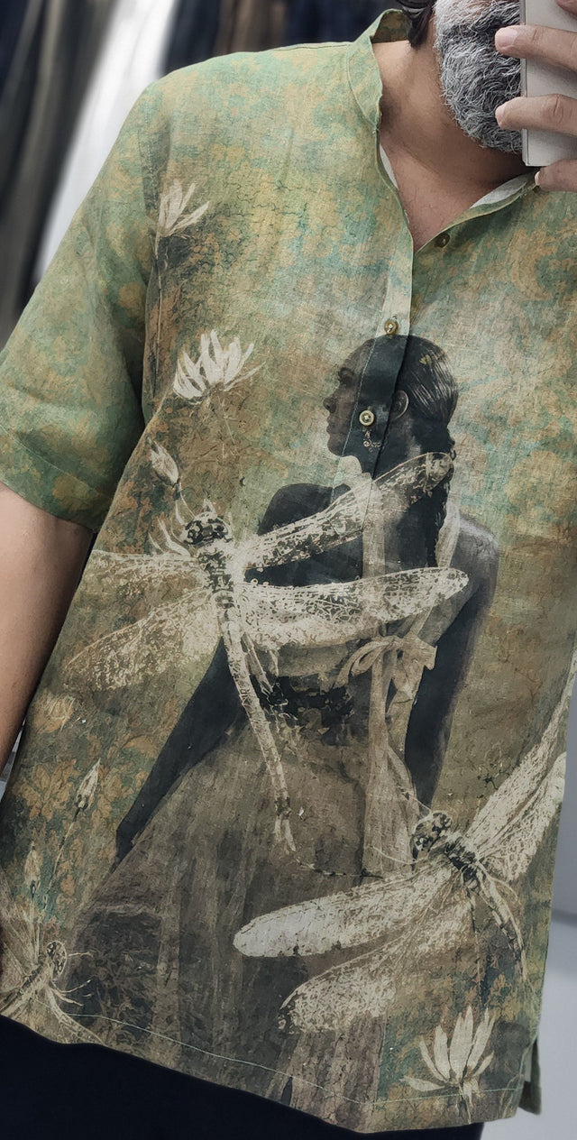 Olive Botanical Portrait Digital Print Pure Linen Kurta Style Shirt