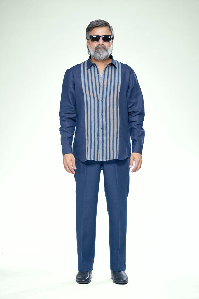 Indigo Linear Striped Pure Linen Full Sleeve Shirt - AddysForMen®
