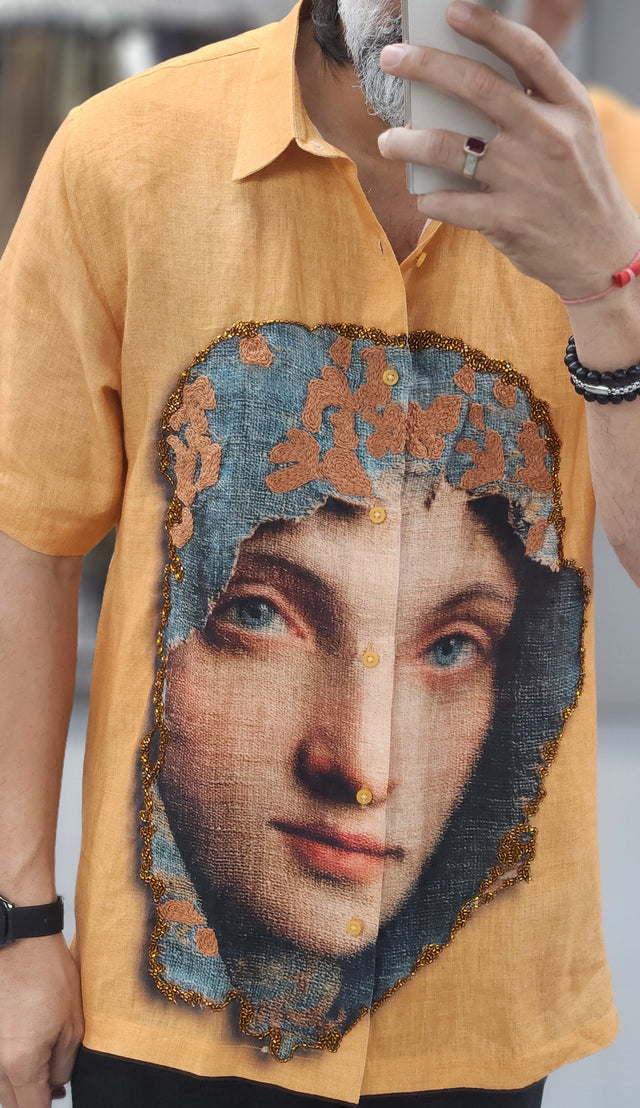 Ochre Renaissance Portrait Hand Khatli Pure Linen Shirt