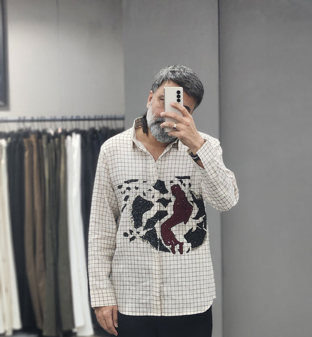Ivory Grid "MJ Tribute" Sequins Embroidered Pure Linen Shirt