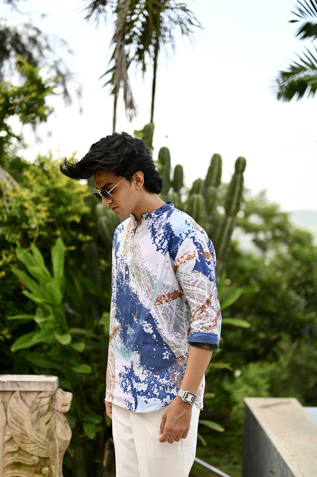 "Serene Elegance : A Breathtaking Blue and White 3/4 Sleeve Kurta Style Shirt"