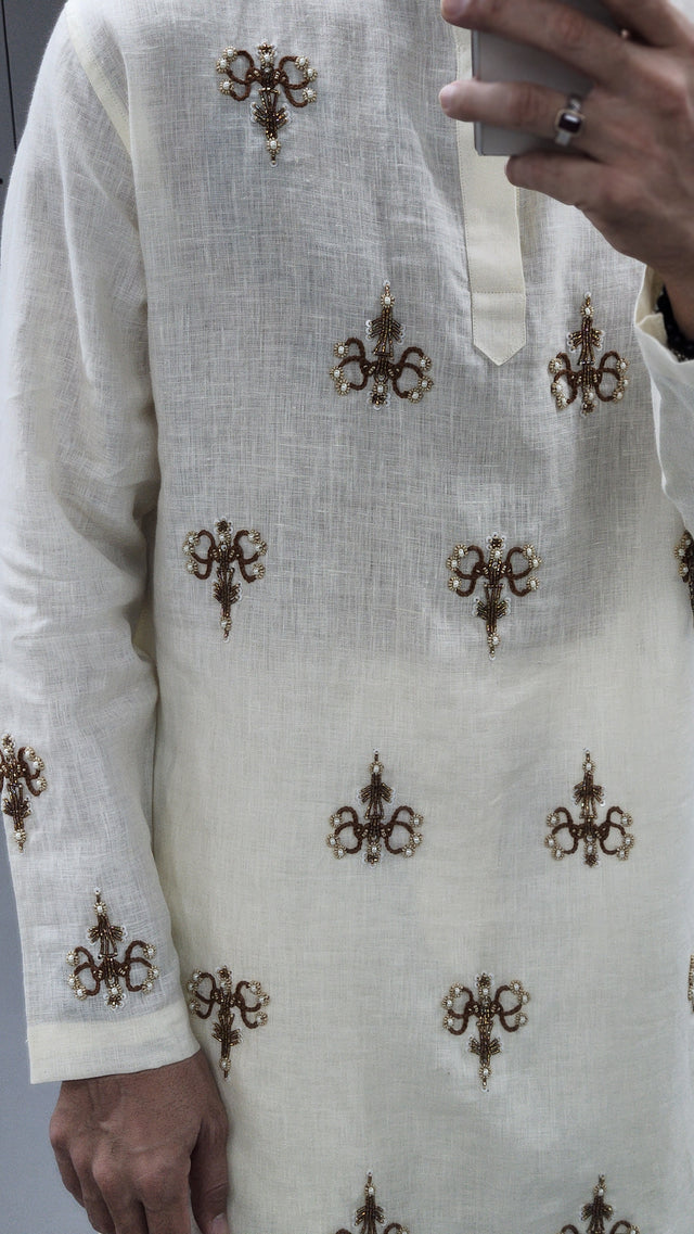 Ivory Pure Linen Kurta with Hand Embroidered Khatli Beadwork & Pearls