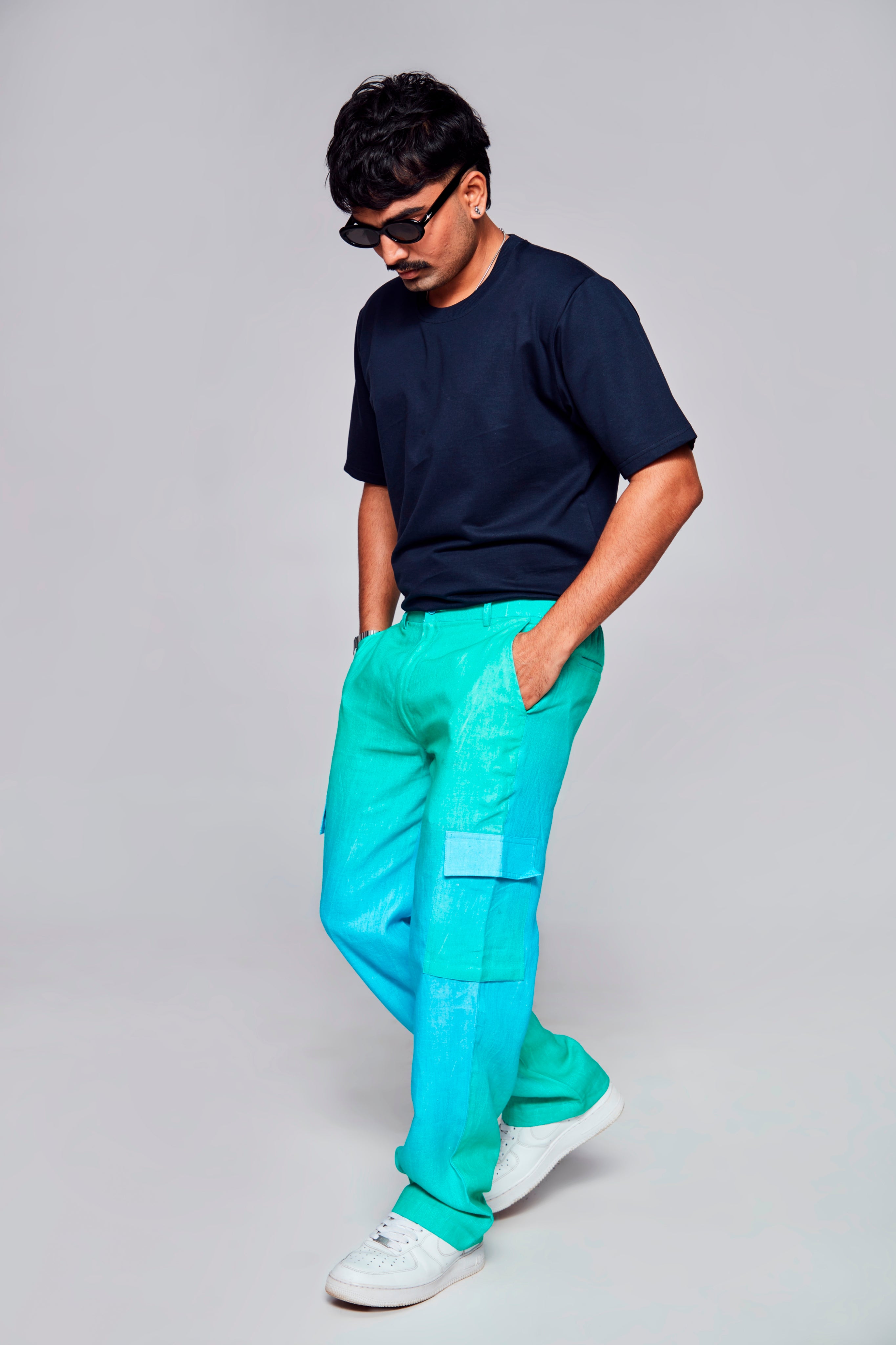 Shades of blue :Pure Linen Wide Leg Loose Fit Cargo Pant