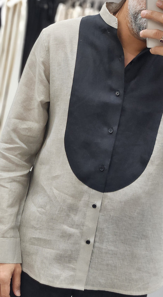 Tuxedo Bib Panel Textured Pure Linen Mandarin Shirt