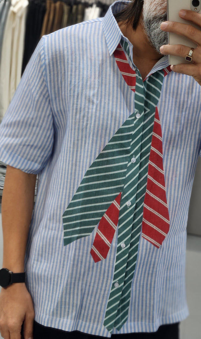 Deconstructed Necktie Digital Print Pure Linen Shirt