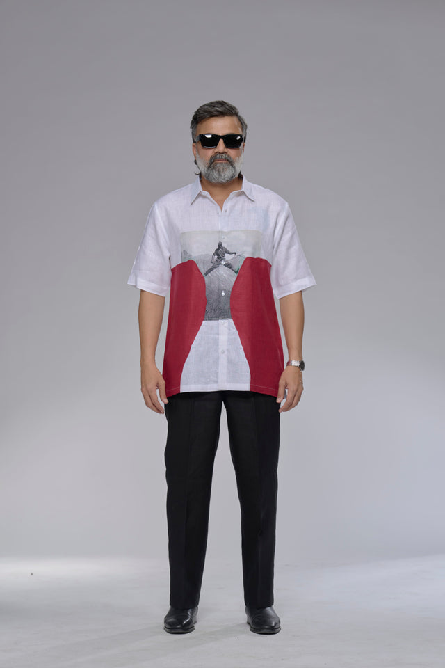 Red Horizon : Digital Print Patchwork Pure Linen Designer Short Sleeve Shirt - AddysForMen®