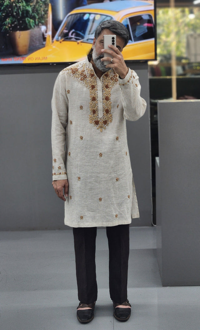 Natural Oatmeal Antique Gold & Bronze Floral Hand Khatli Pure Linen Kurta
