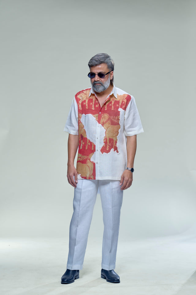 Metamorphosis: Digital Print Patchwork Pure Linen Designer Short Sleeve Shirt - AddysForMen®