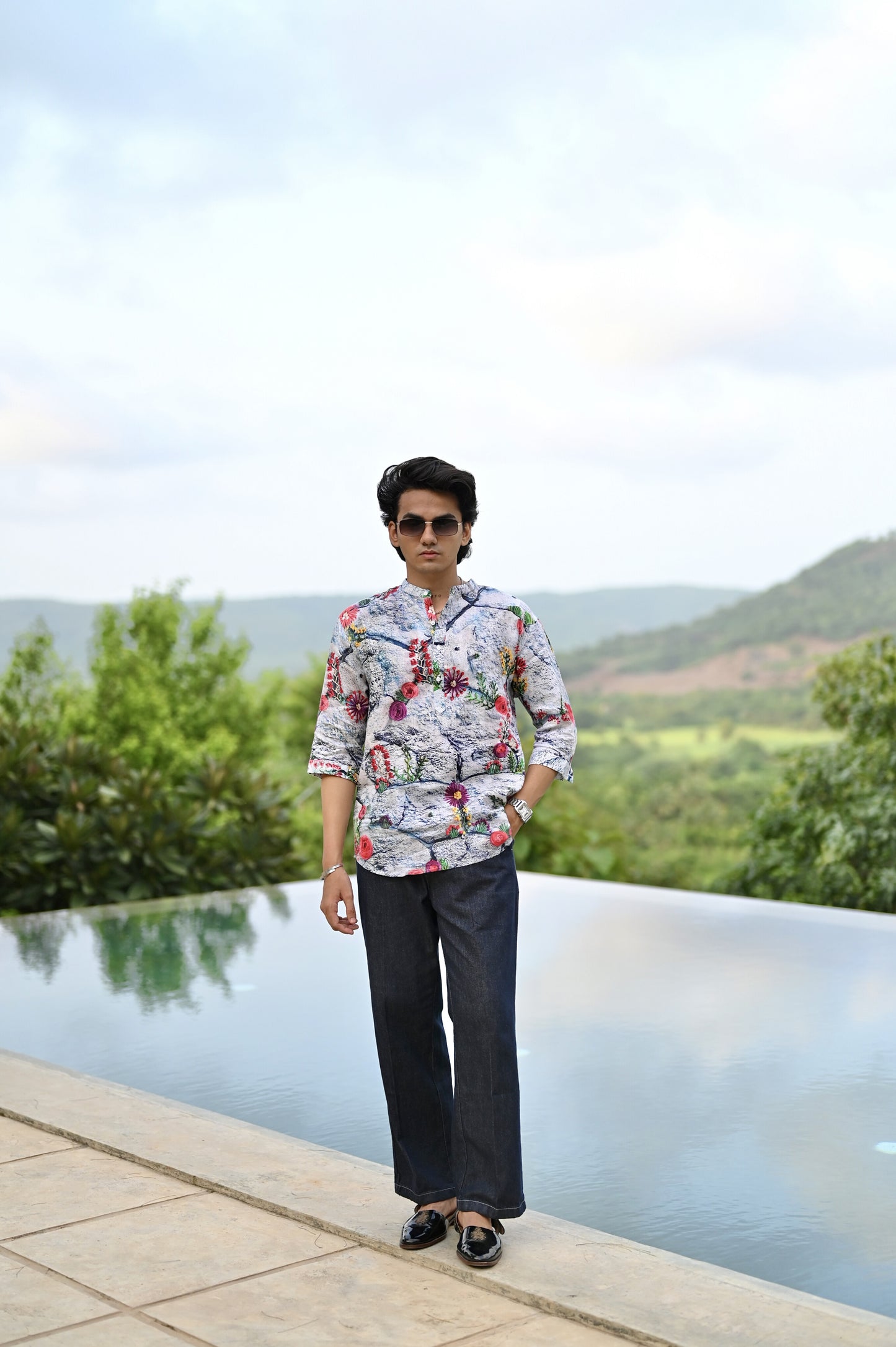 "Blooming Elegance : Nature's Beauty with Vibrant Floral Paradise - 3/4 Sleeve Kurta Style Shirt
