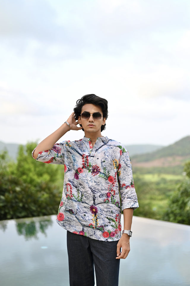 "Blooming Elegance : Nature's Beauty with Vibrant Floral Paradise - 3/4 Sleeve Kurta Style Shirt