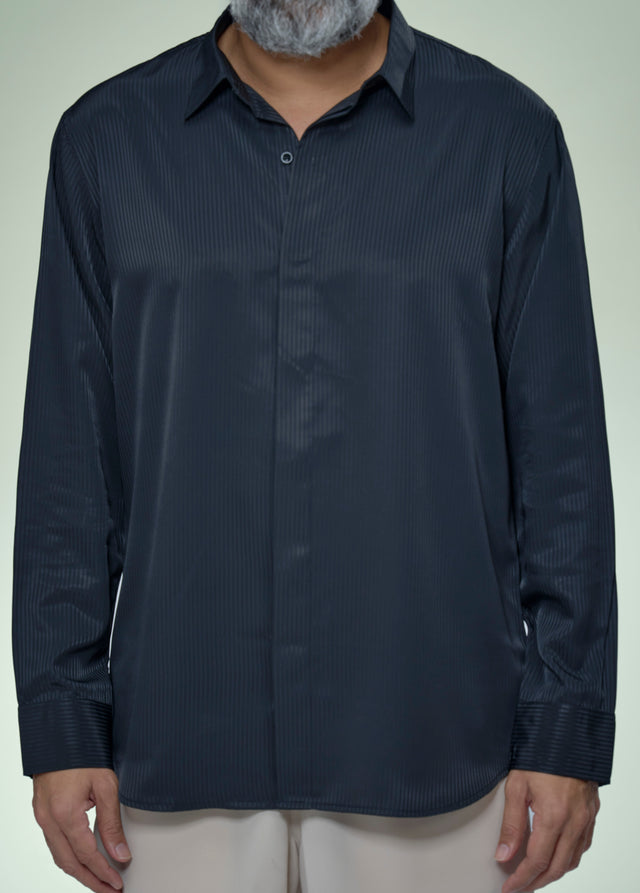 Midnight Armani Black Self-Stripe Full Sleeve Shirt - AddysForMen®️