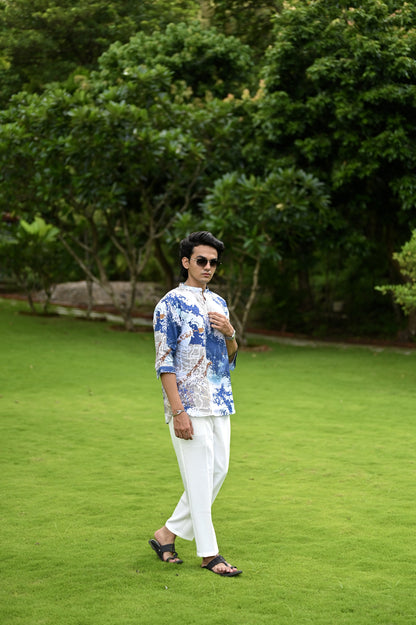 "Serene Elegance : A Breathtaking Blue and White 3/4 Sleeve Kurta Style Shirt"