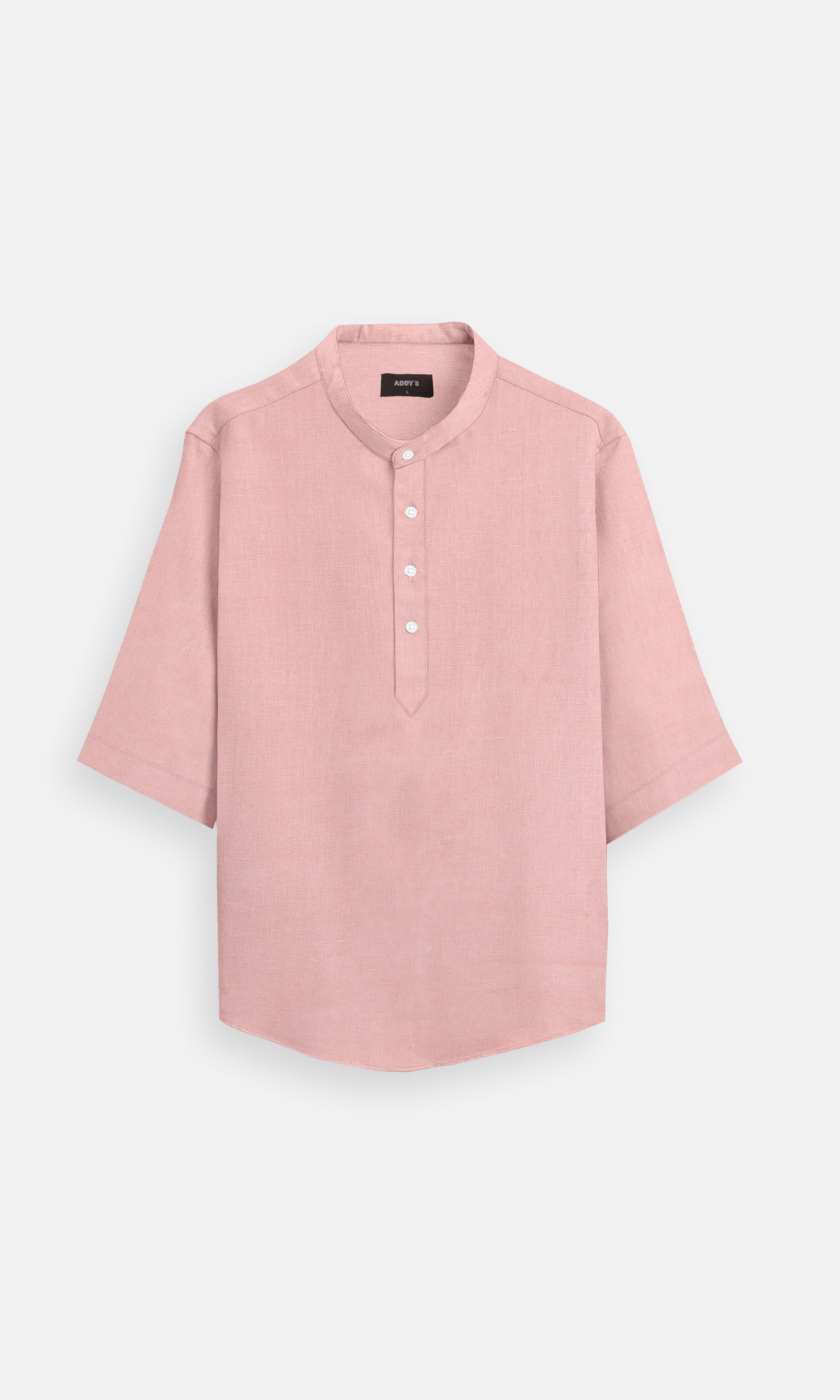 Classic Rose Pink Pure Linen Kurta Style Shirt - AddysForMen®