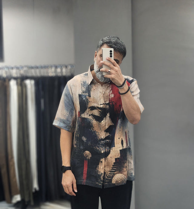 Abstract Portrait Oil-Canvas Digital Printed Pure Linen Shirt
