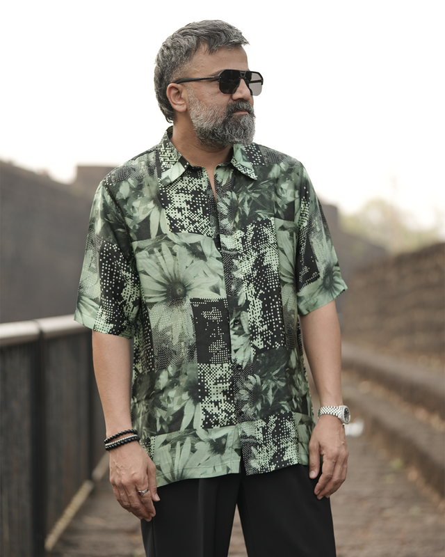 Floral Matrix Pure Bemberg Satin Short Sleeve Shirt