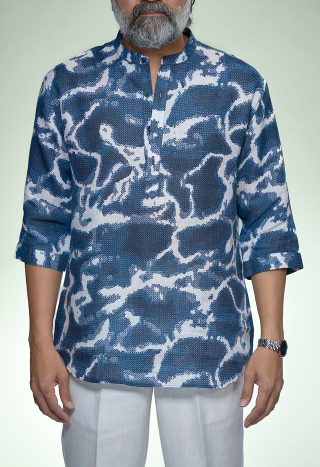 Contemporery Indigo Pure Linen 3/4 Sleeve Kurta Style Shirt - AddysForMen®️