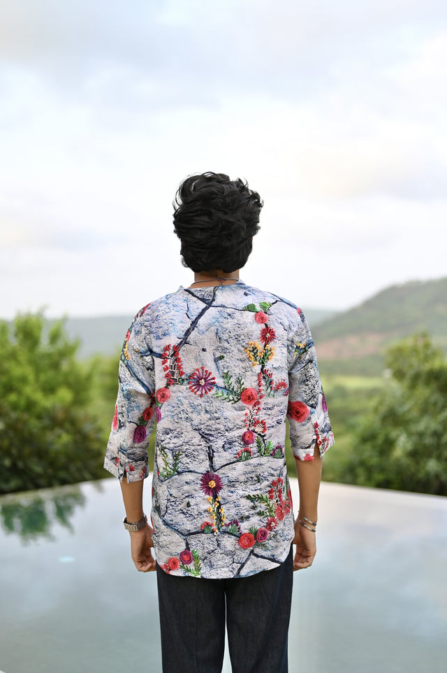 "Blooming Elegance : Nature's Beauty with Vibrant Floral Paradise - 3/4 Sleeve Kurta Style Shirt