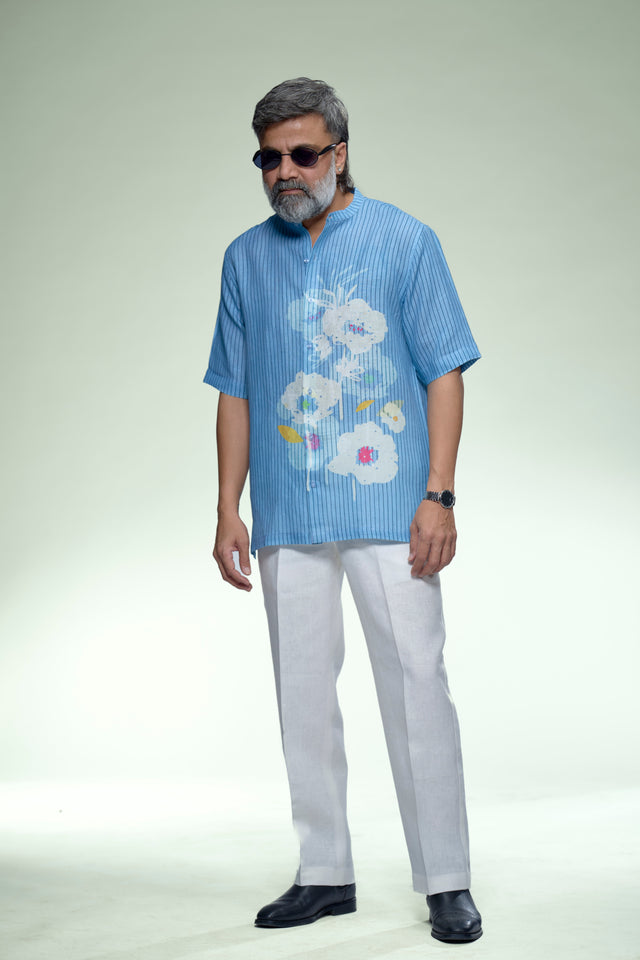 Sky Blue Artistic Floral Pure Linen Short Sleeve Shirt - AddysForMen®