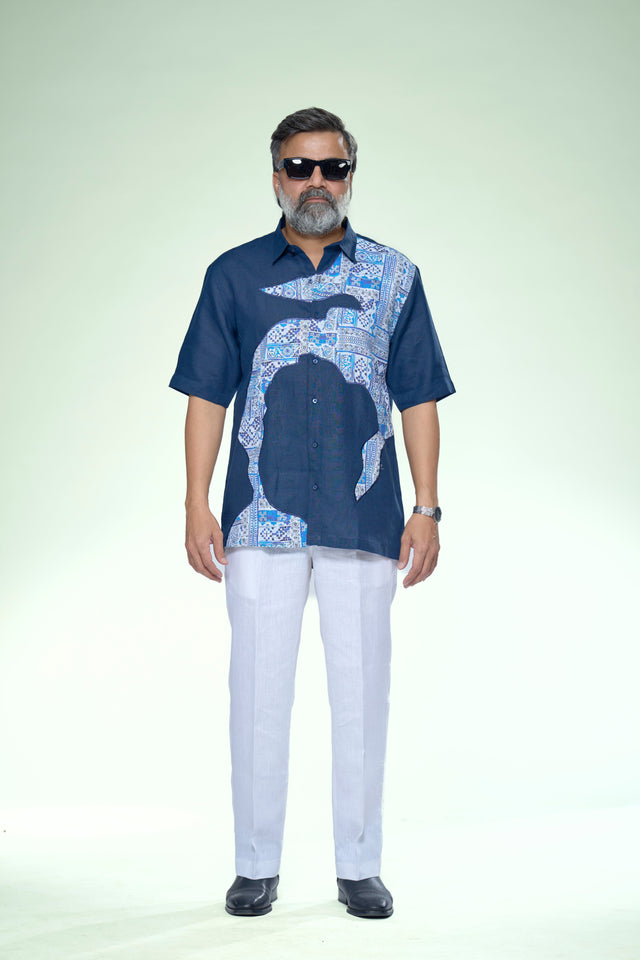 Artistic Blue Edition Pure Linen Designer Short Sleeve Shirt - AddysForMen®