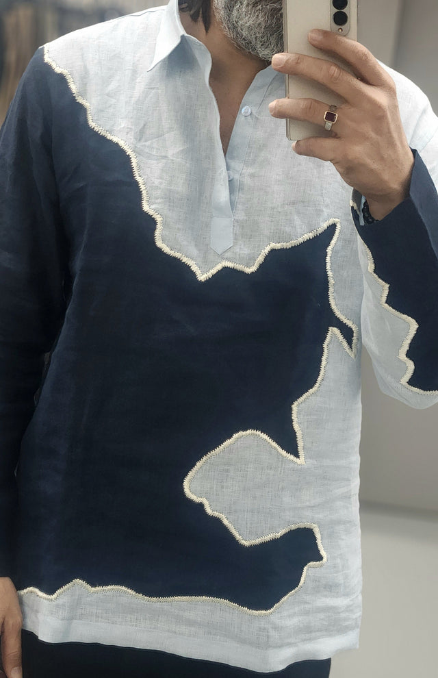 Ice Blue & Navy Abstract Patchwork Linen Shirt