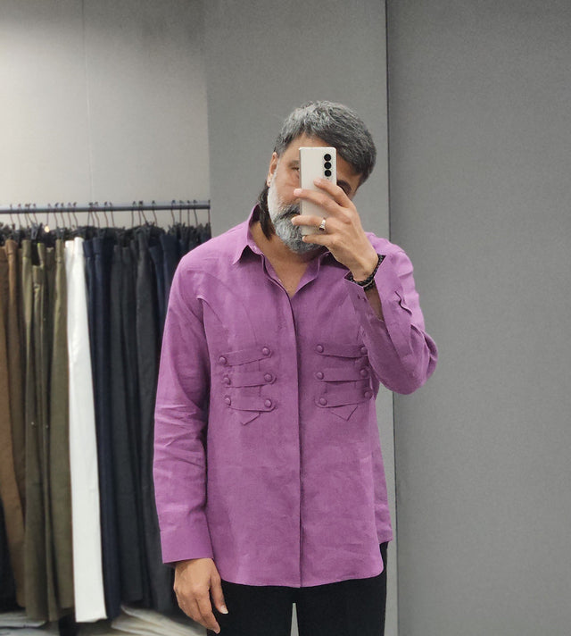 Orchid Purple Strapped Chest Detail Linen Shirt