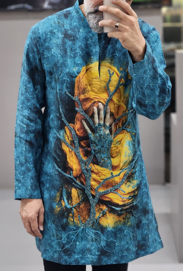 Ocean Blue Pure Linen Long Kurta with Surrealist Graphic Digital Print & Hand Khatli Work