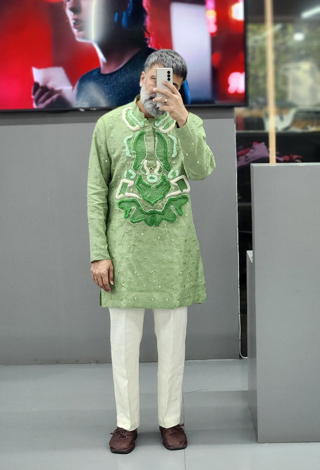 Sage Green Pure Linen Long Kurta with Hand-Embroidered Khatli Mirror & Threadwork