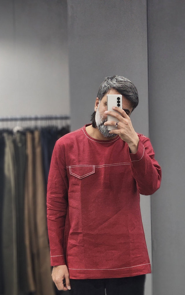 Maroon Round-Neck Contrast Topstitch Linen Shirt
