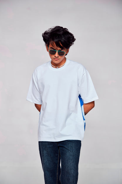 Whimsical Charm : Illuminating Blue Canvas with the Enigmatic Lady - Oversize Linen Tshirt
