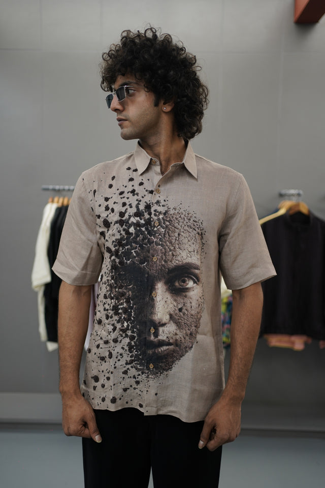 The Artisan Vista: Hand-Embroidered Digital Landscape Pure Linen Short Sleeve Shirt – AddysForMen®️