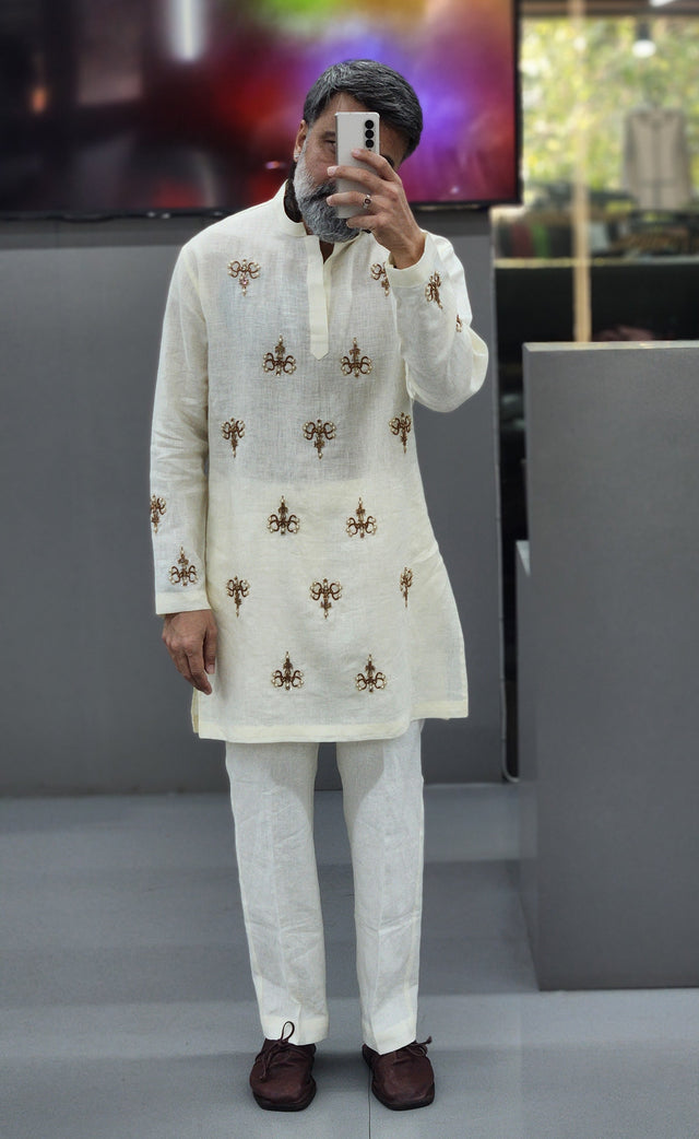 Ivory Pure Linen Kurta with Hand Embroidered Khatli Beadwork & Pearls