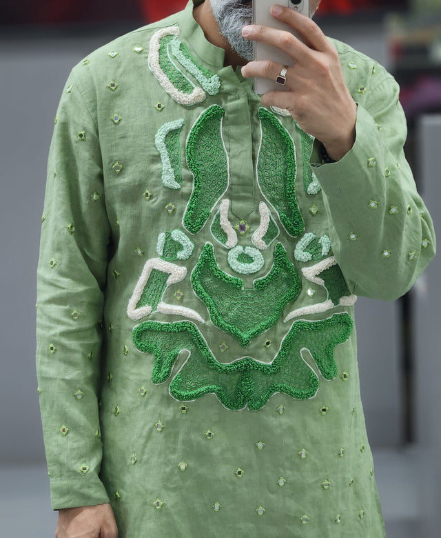Sage Green Pure Linen Long Kurta with Hand-Embroidered Khatli Mirror & Threadwork