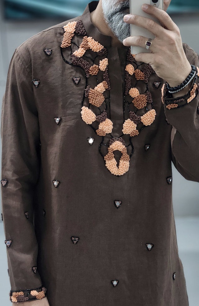 Espresso Brown Pure Linen Long Kurta with Hand-Embroidered Khatli Mirror & Threadwork
