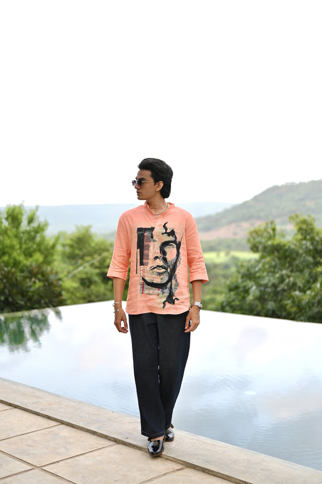 "Radiant Finesse : Youthfull Energy with an Orange 3/4 Sleeve Kurta Style Shirt"
