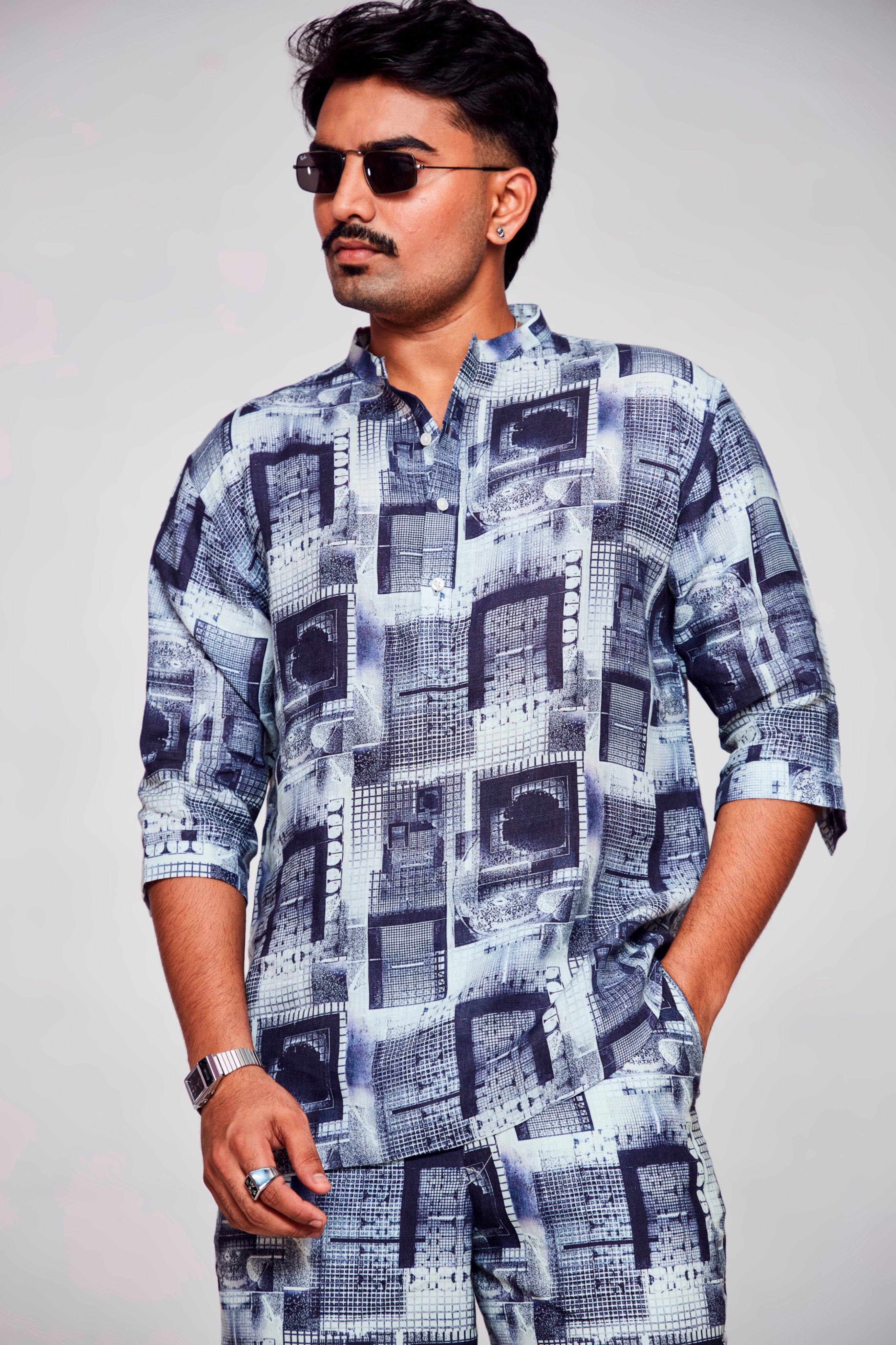 Techno Slumber : Visionary Blend of Comfort and Connectivity - 3/4 Sleeve Pure Linen Kurta Style Shirt