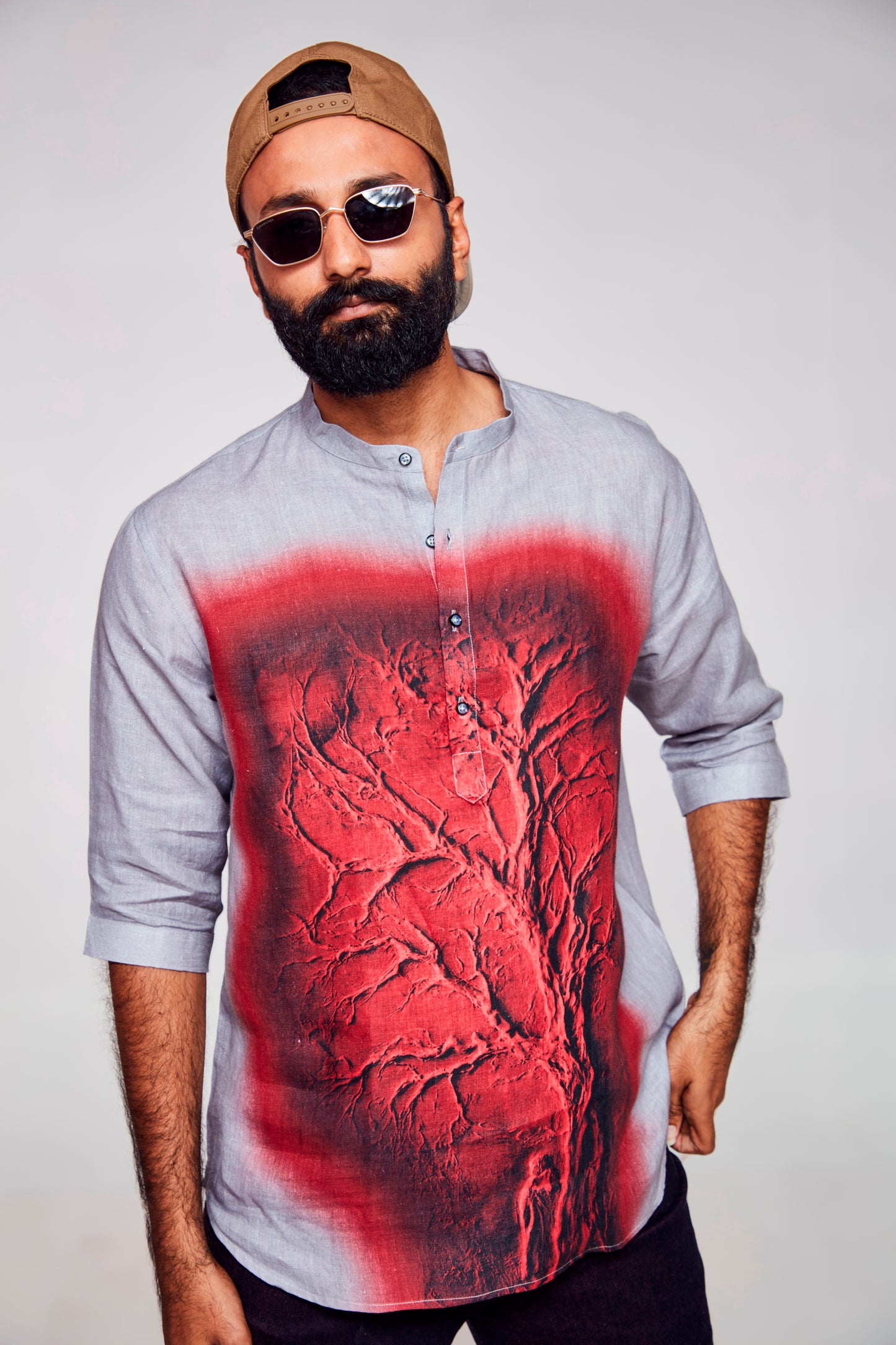 Eternal Love : Embracing Affection in Every Stitched Heart - Pure Linen 3/4 Sleeve Kurta Style Shirt