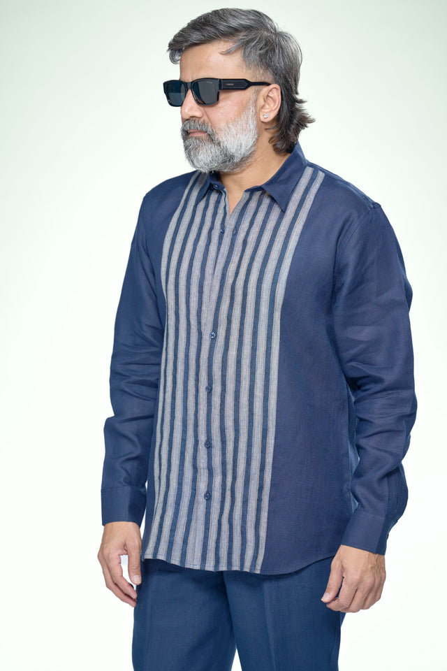 Indigo Linear Striped Pure Linen Full Sleeve Shirt - AddysForMen®