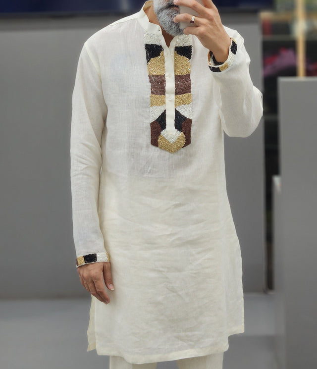 Off-White Geometric Color-Block Hand Khatli Pure Linen Kurta