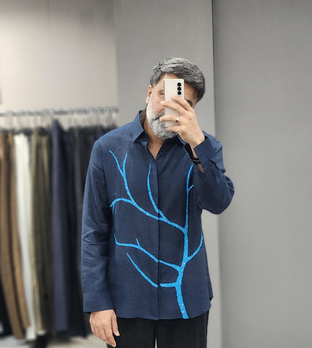 Midnight Navy Coral Branch Sequin Pure Linen Shirt