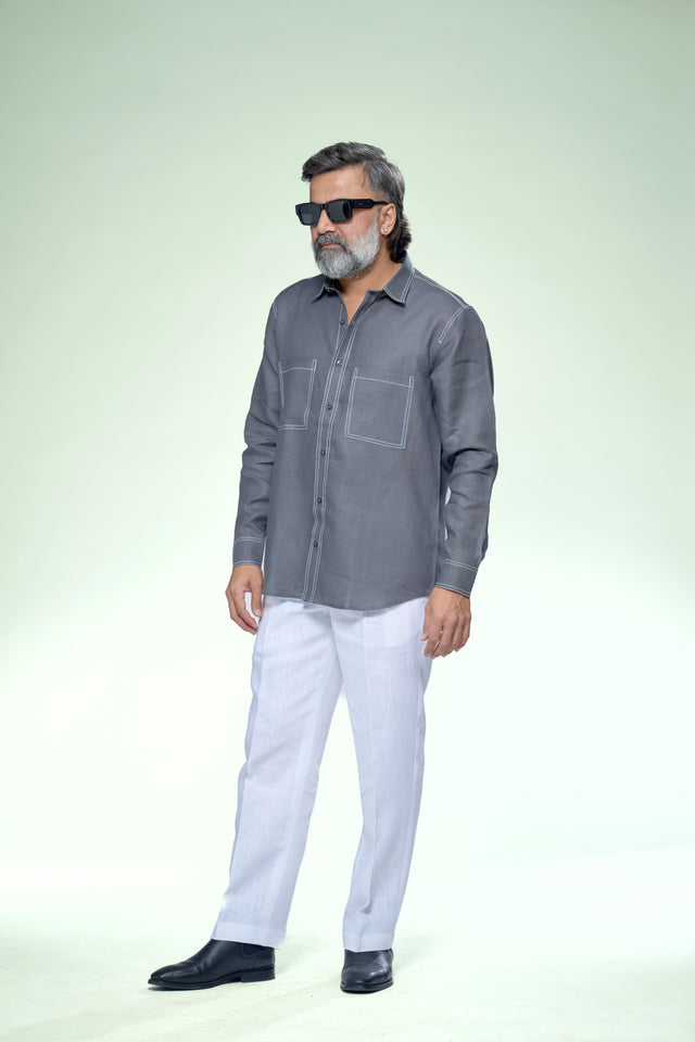 Modern Minimal Highlight Stitch Pure Linen Shirt - AddysForMen®