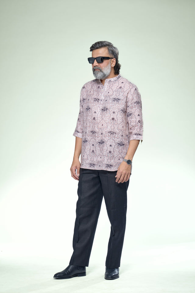 Artisan Geometric Pure Linen 3/4 Sleeve Kurta Style Shirt - AddysForMen®️