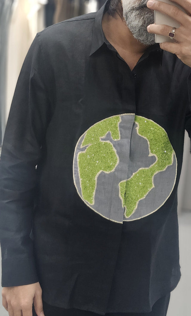 Black Pure Linen Long Sleeve Shirt with Hand-Embroidered Globe Motif