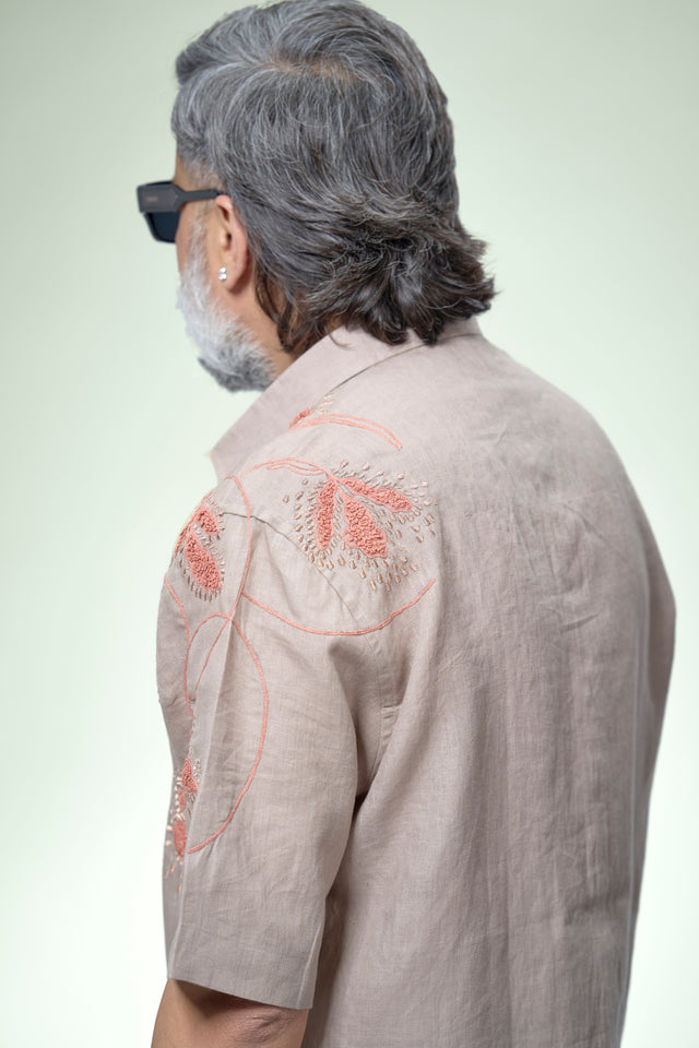 Coastal Artisan : 5-Hour Hand Embroidered Pure Linen Half Sleeve Shirt - AddysForMen®️