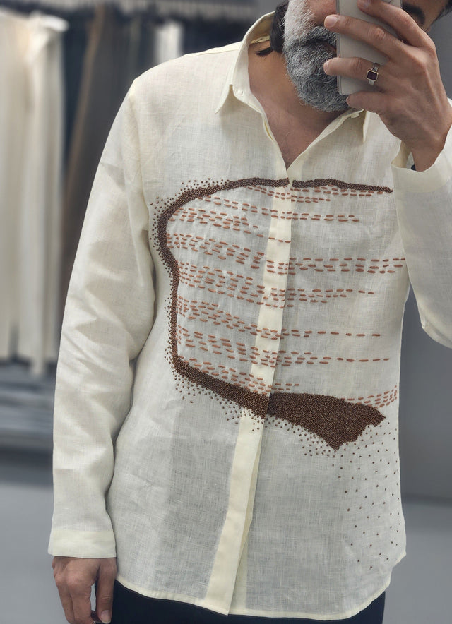 Off-White Ivory Terracotta Kantha & Beadwork Pure Linen Shirt